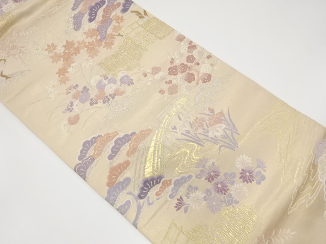 JAPANESE KIMONO / ANTIQUE FUKURO OBI / SILK / WOVEN PINE & UME